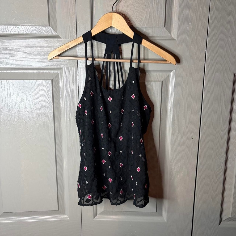 Candies Black Lace Blouse Pink Diamond Embroidery Open Strappy Back Y2K Small